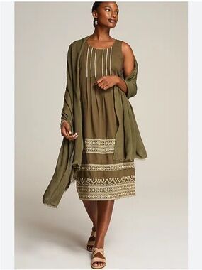 J. Jill Embroidered Women Midi Dress 3X Olive Green Boho Cotton Summer Casual